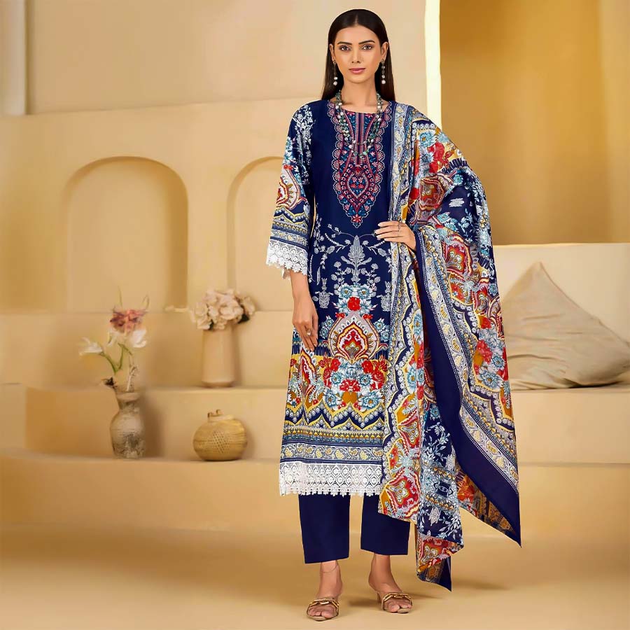 Blue Mix Cotton Printed Salwar Kameez