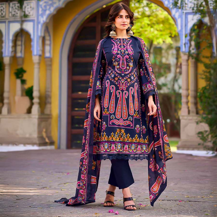 Blue Cotton Printed Salwar Kameez