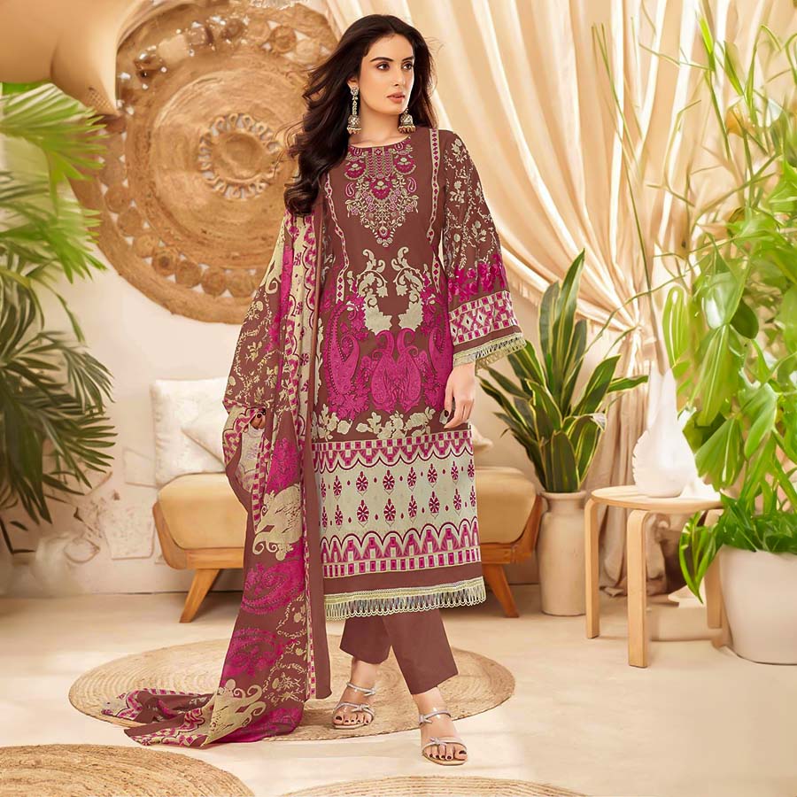 Brown Cotton Printed Salwar Kameez