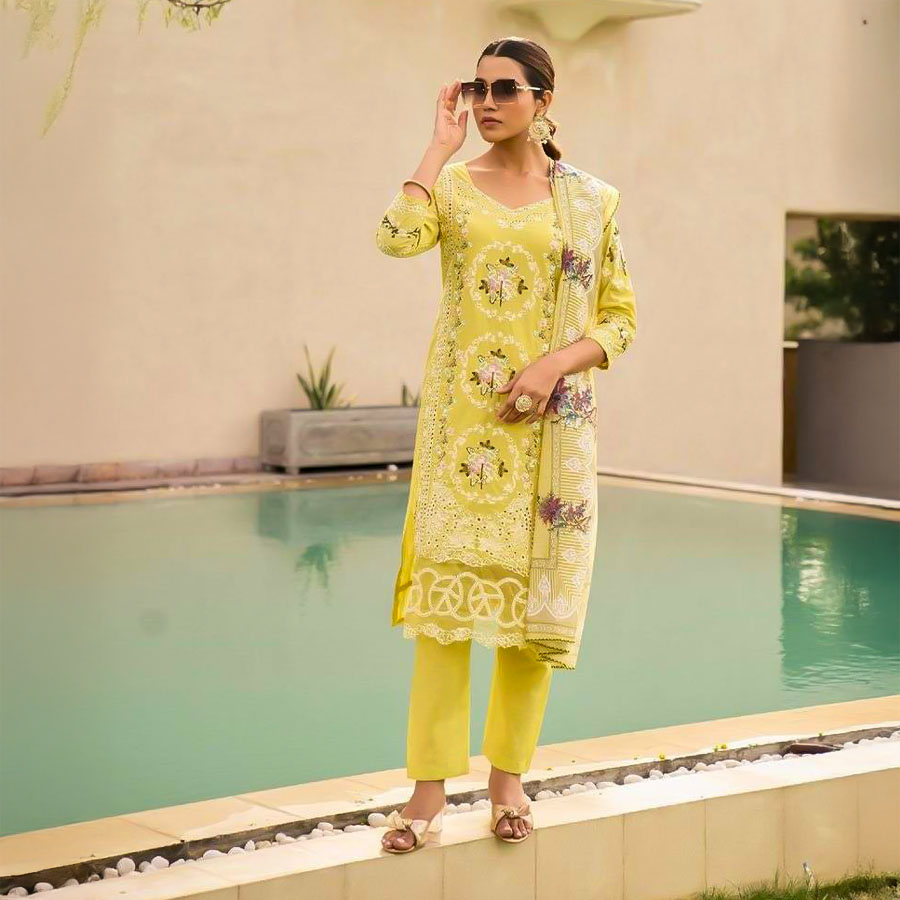 Yellow Cotton Casual Wear Salwar Kameez