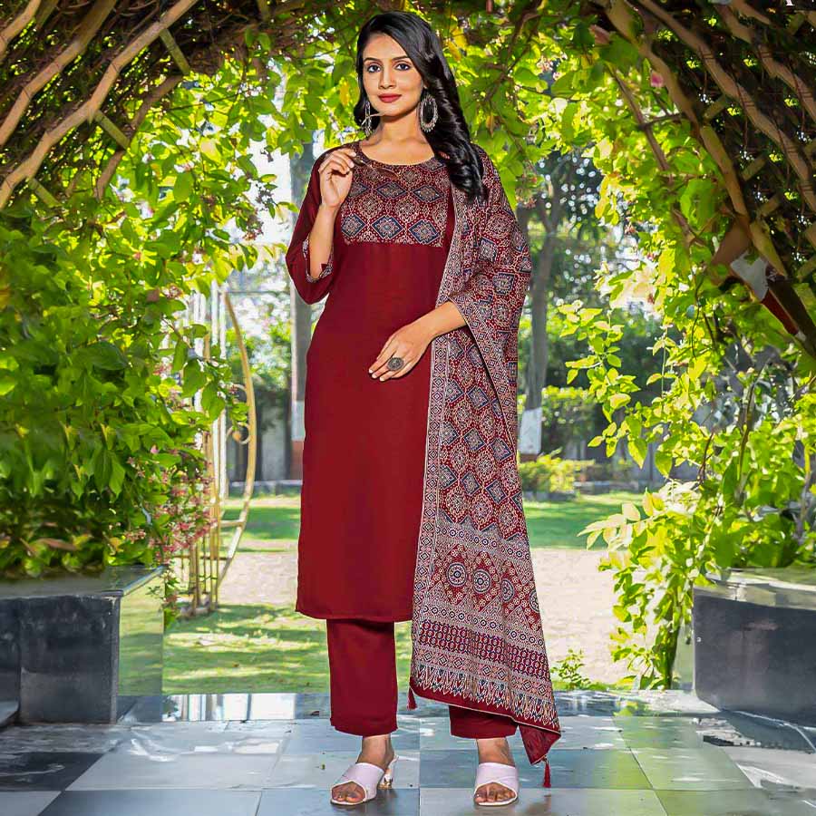 Red Silk Casual Wear Salwar Kameez