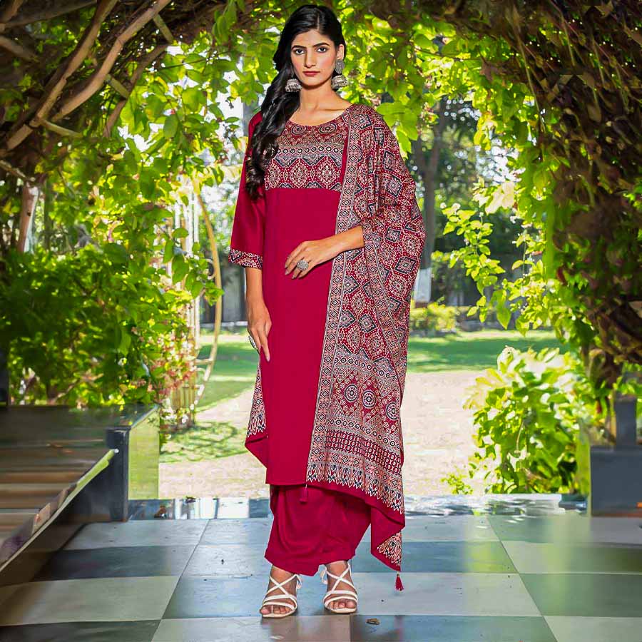 Red Silk Casual Wear Salwar Kameez