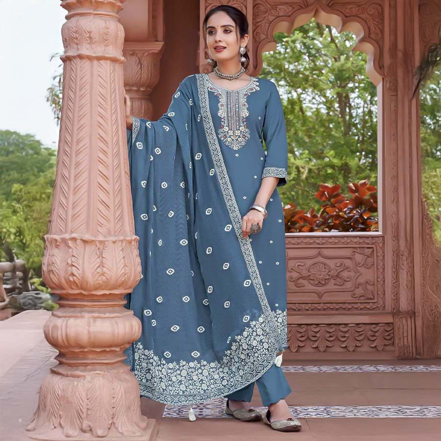 Blue  Rayon Casual Wear Salwar Kameez