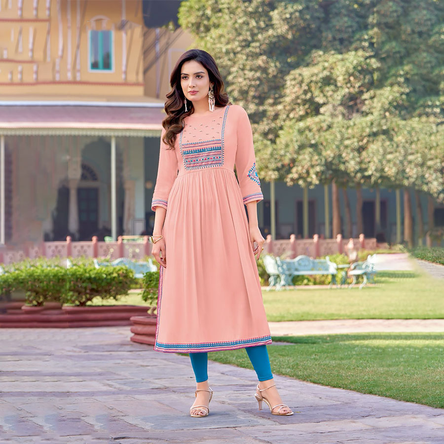 Peach Rayon Casual Kurtis