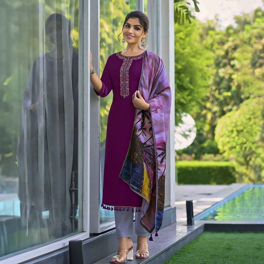 Purple Viscose Casual Wear Salwar Kameez