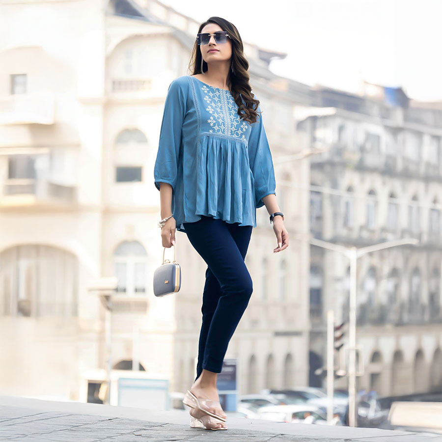 Blue Rayon Casual Wear Kurti