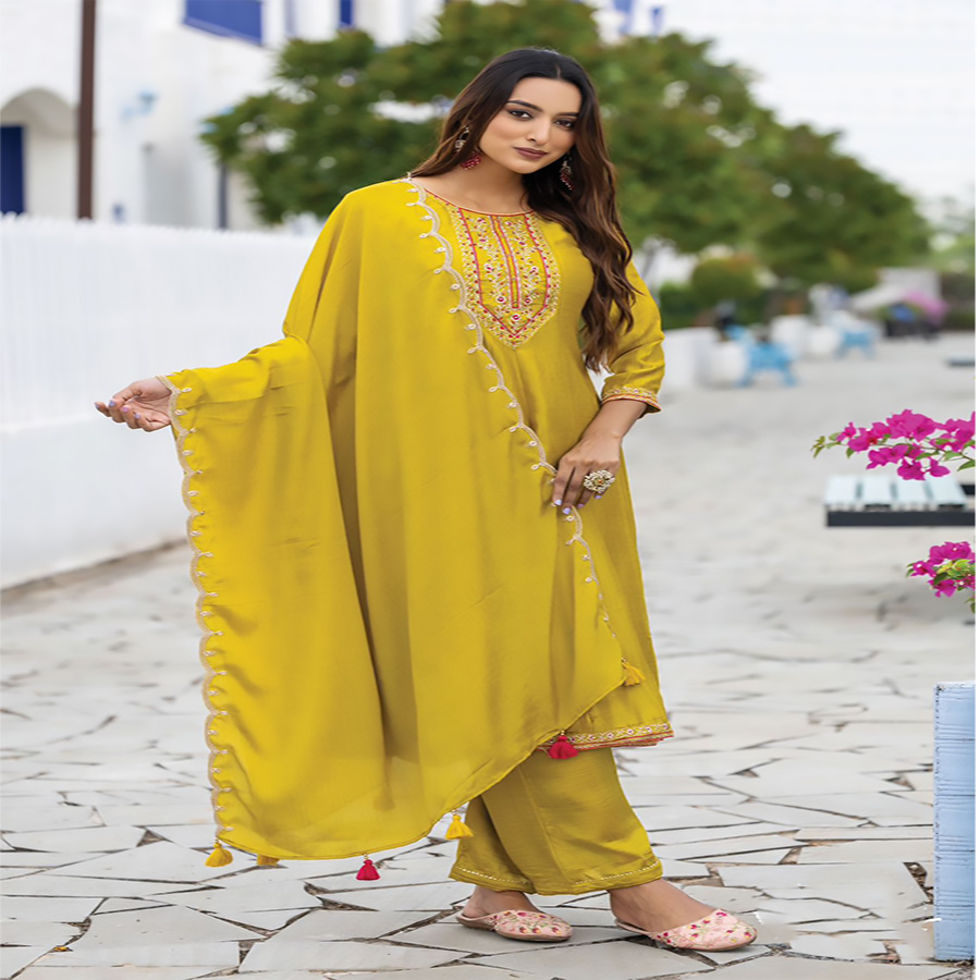 Yellow Vichitra Anarkali Suit