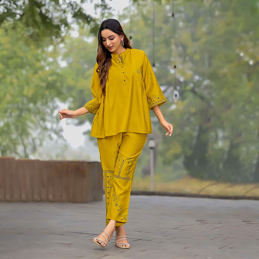 Yellow Viscose Printed Kurti