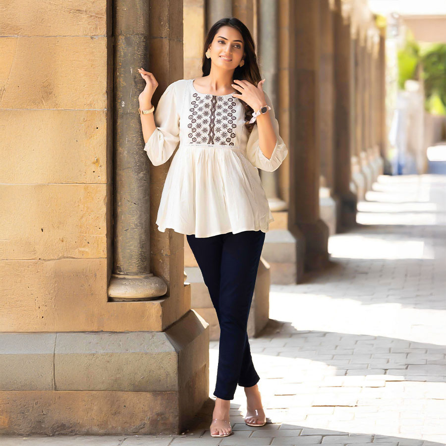 White  Rayon Casual Wear Kurti