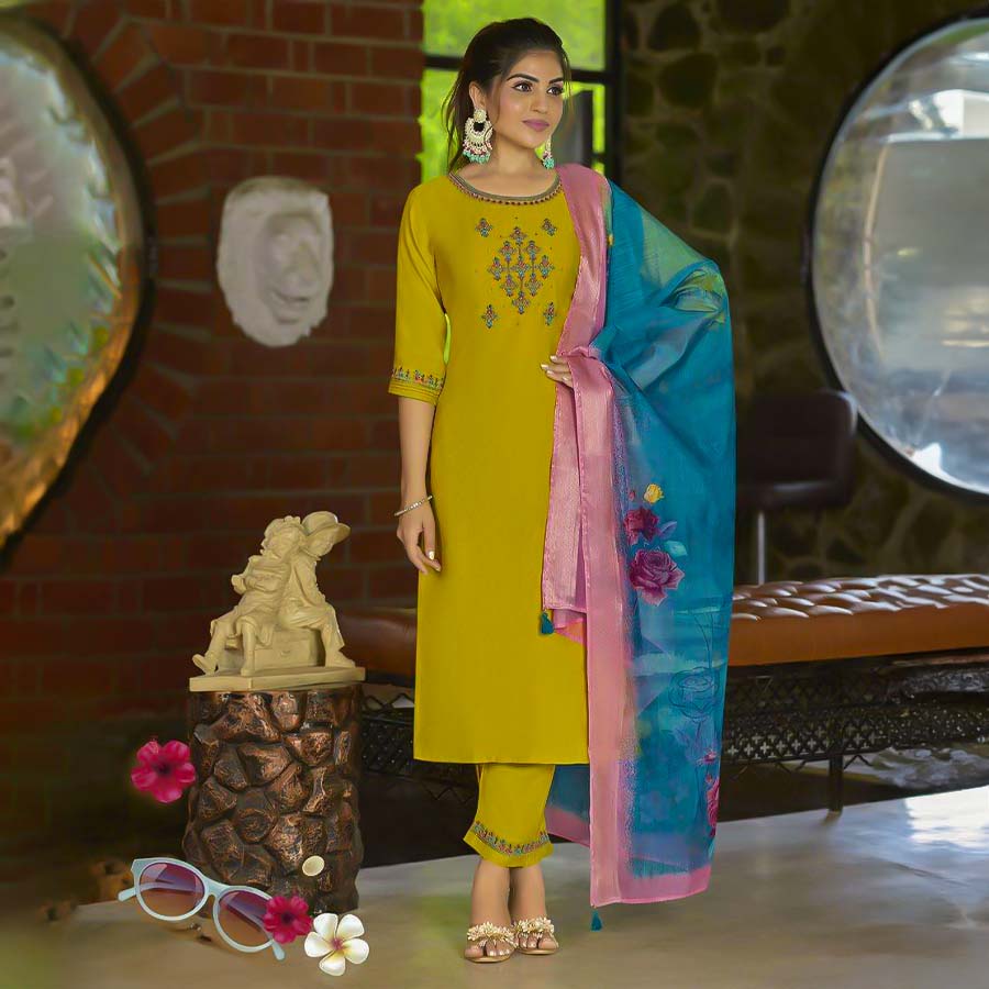 Yellow Viscose  Casual Wear Salwar Kameez