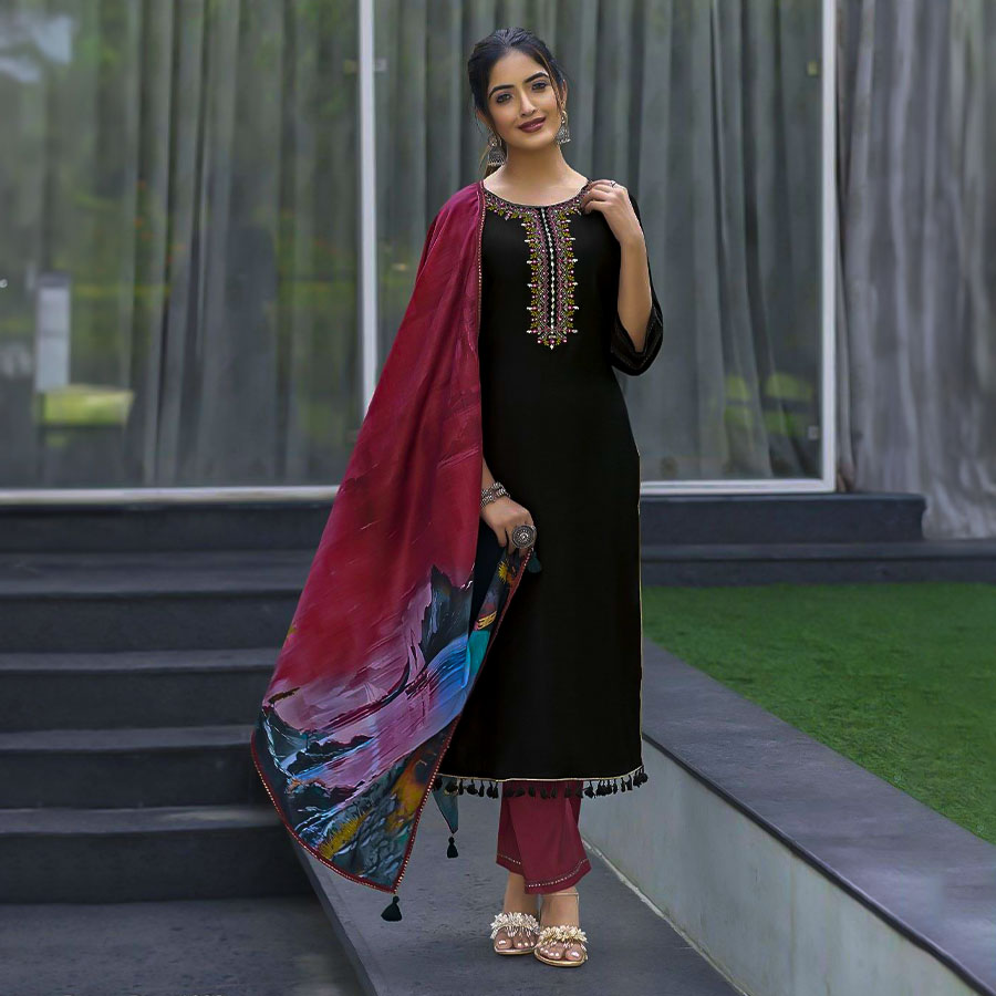 Black  Viscose Casual Wear Salwar Kameez