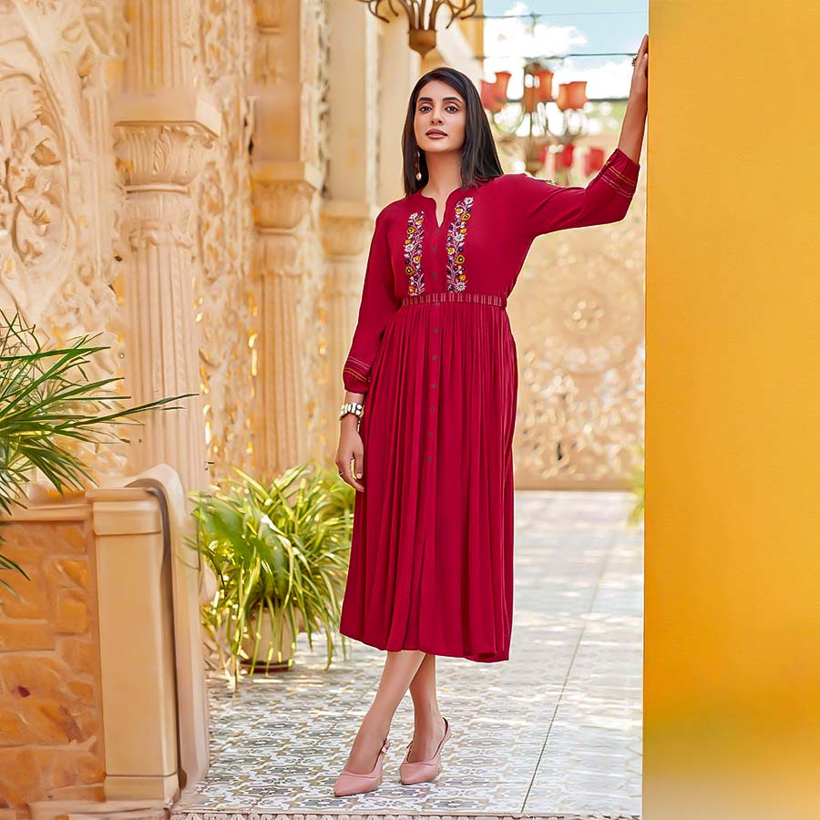 Red Wrinkle Casual Wear Kurti