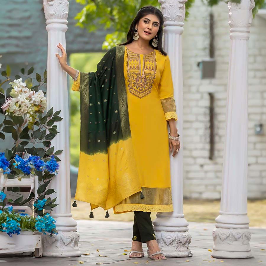 Yellow  Blended Shimmer Casual Wear Salwar Kameez