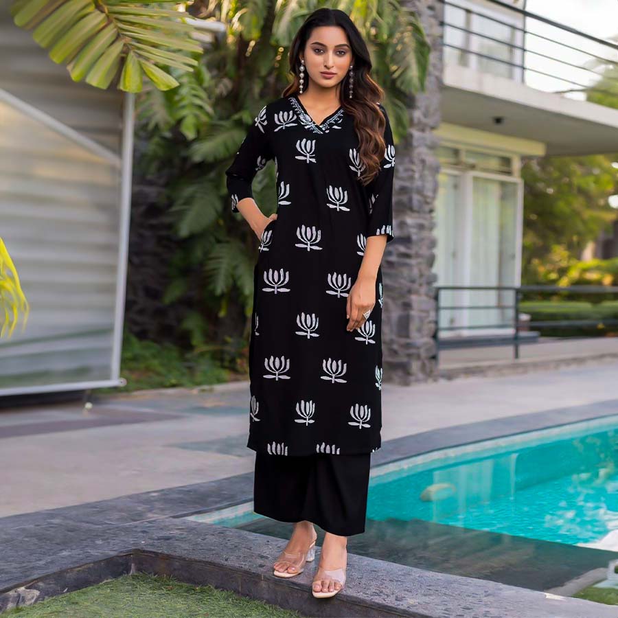 Black  Rayon Print Printed Kurti
