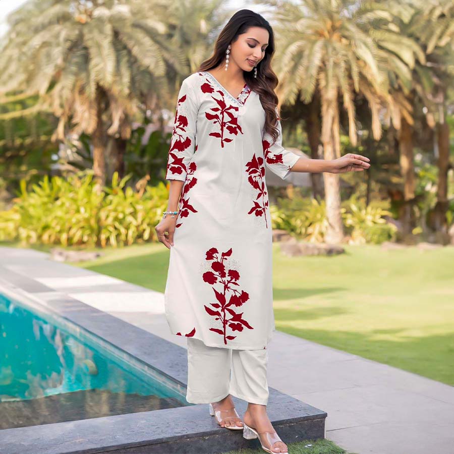 White  Rayon Print Printed Kurti