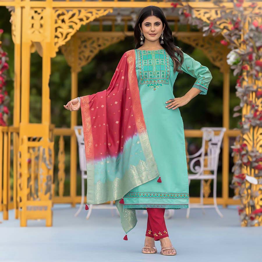 Cyan Blended Shimmer Casual Wear Salwar Kameez