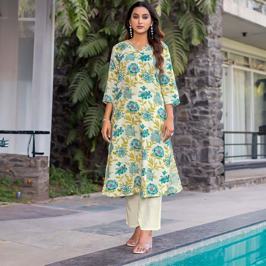 Green  Rayon Print Printed Kurti