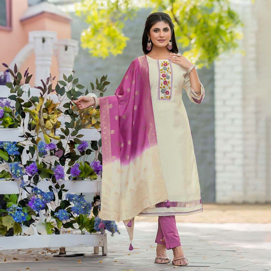 White Blended Shimmer Casual Wear Salwar Kameez