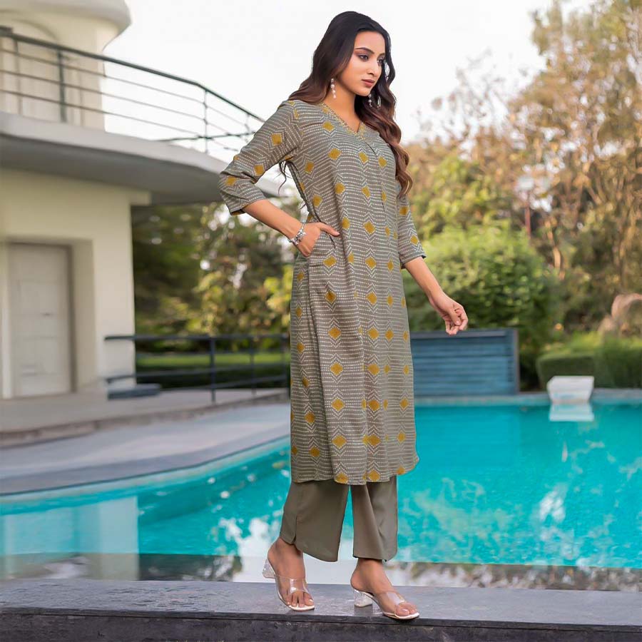 Grey Rayon Print Printed Kurti