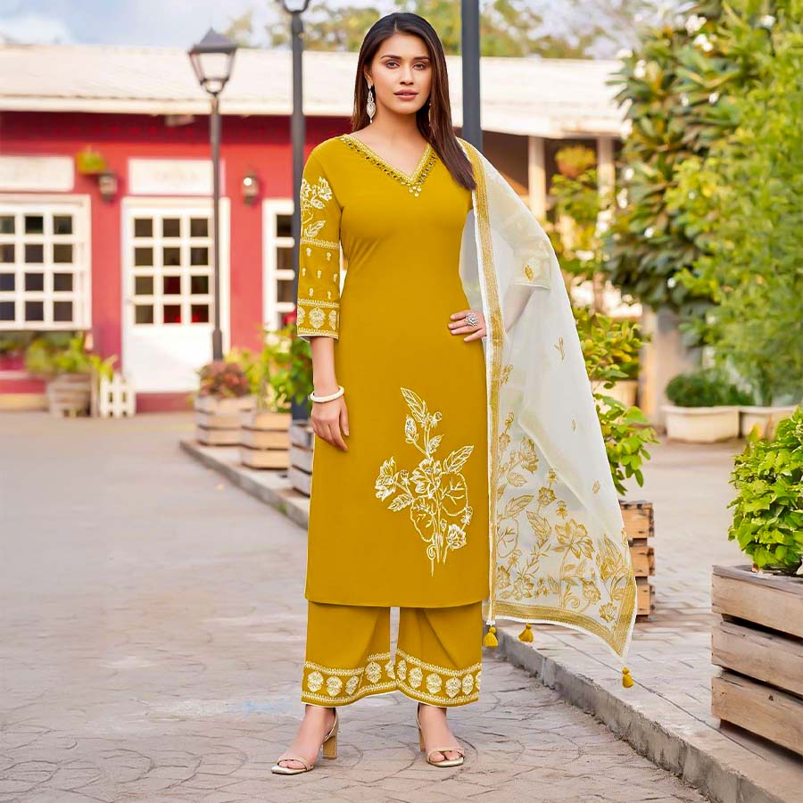 Yellow  Rayon Casual Wear Salwar Kameez