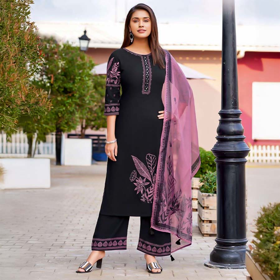 Black  Rayon Casual Wear Salwar Kameez