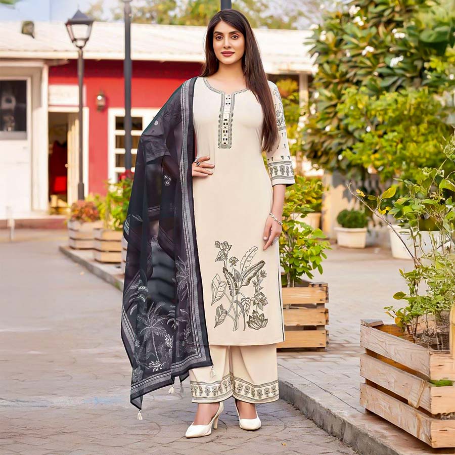 White  Rayon Casual Wear Salwar Kameez
