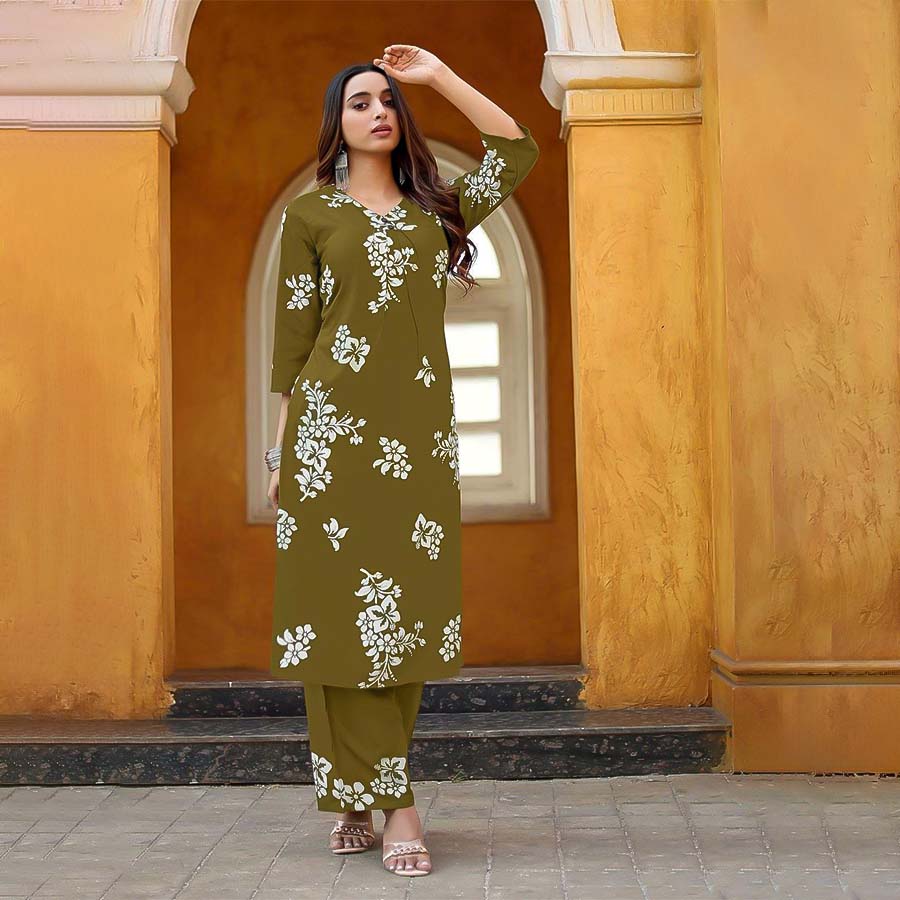 Olive Green Rayon Casual Wear Kurti