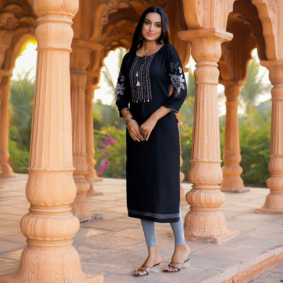 Black  Rayon Casual Wear Kurti