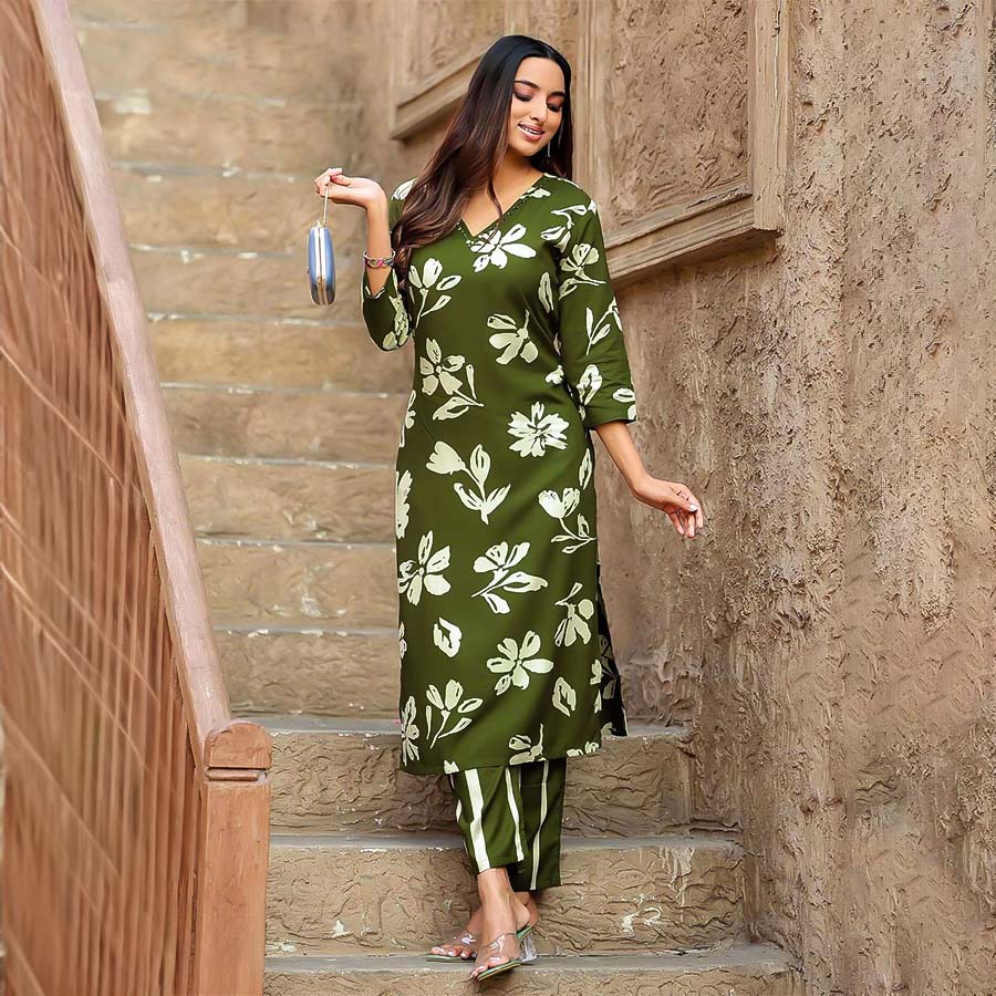 Olive Green Rayon Casual Wear Kurti