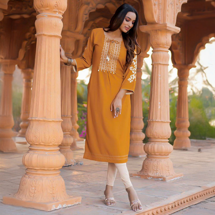 Orange Rayon Casual Wear Kurti
