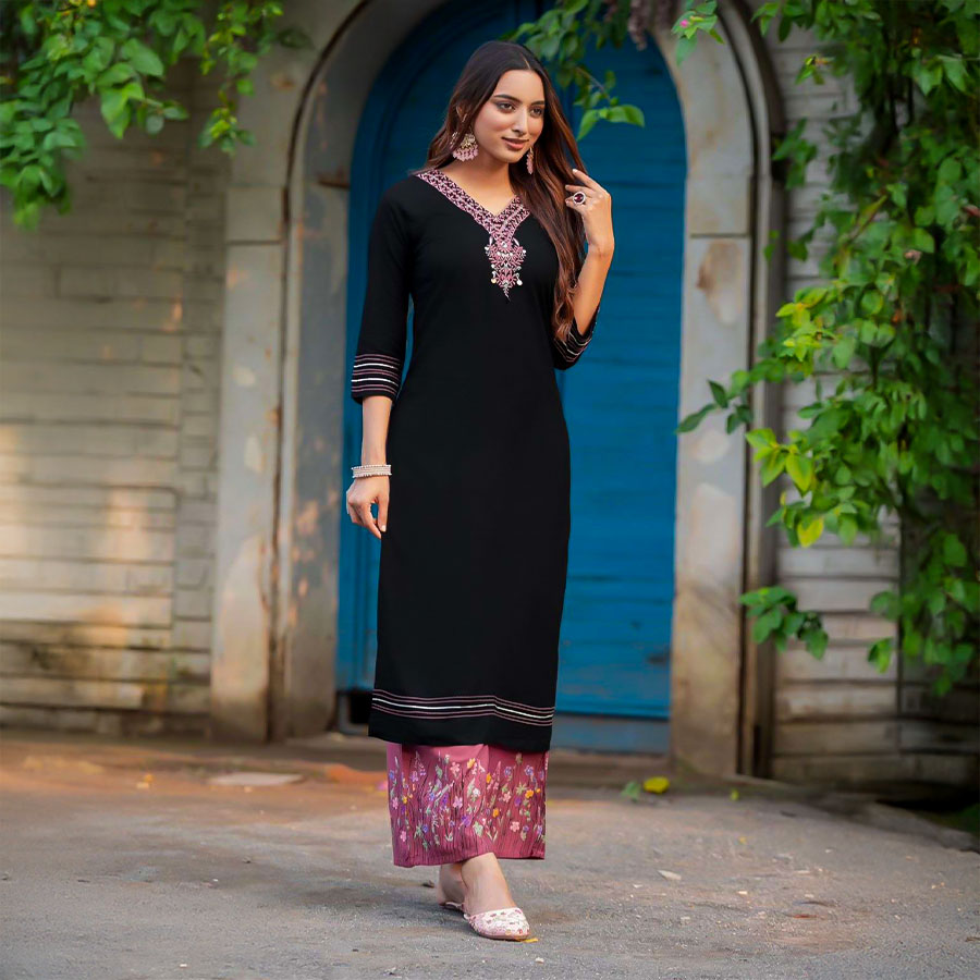Black  Rayon Casual Wear Kurti