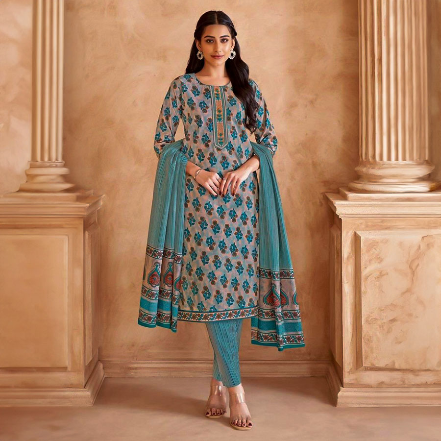 Blue Cotton Printed Salwar Kameez