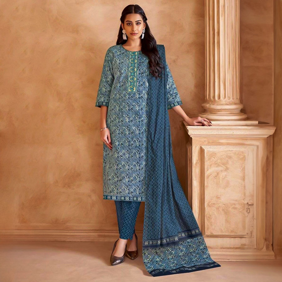 Blue Cotton Printed Salwar Kameez