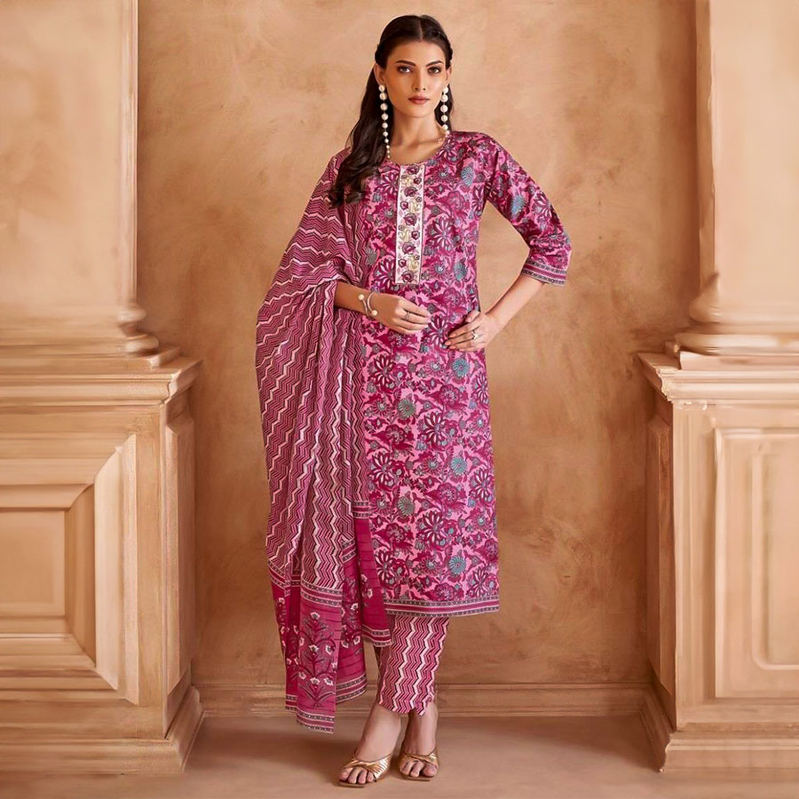 Pink Cotton Printed Salwar Kameez