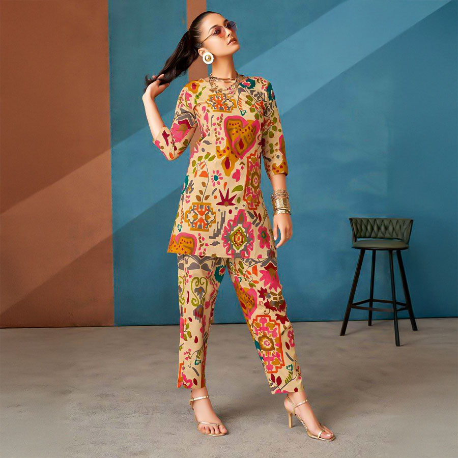 Yellow  Cotton Printed Kurti