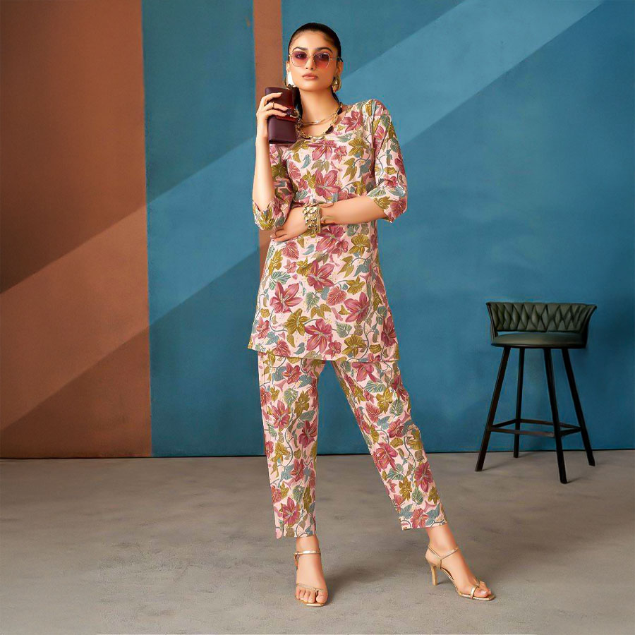 Yellow  Cotton Printed Kurti
