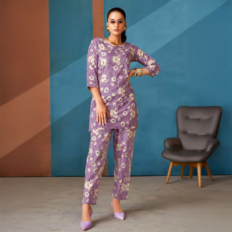 Purple Cotton Printed Kurti