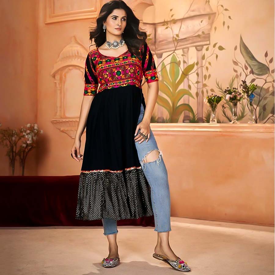 Black  Rayon Designer Kurti