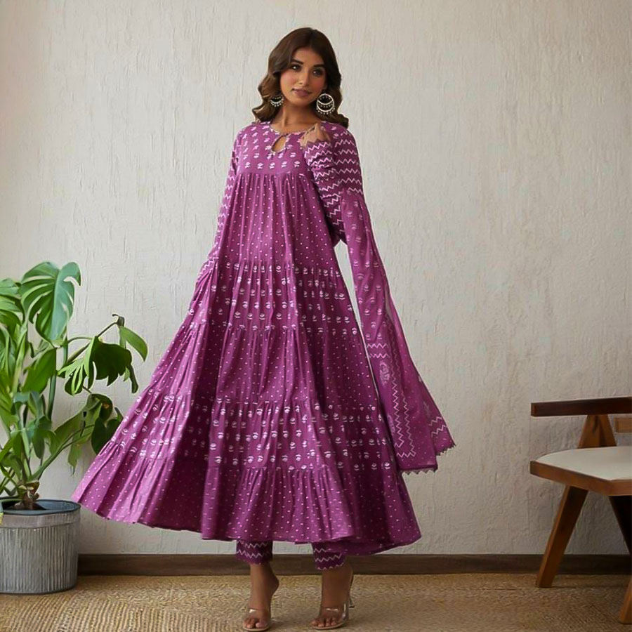 Violet Cotton Anarkali Suit