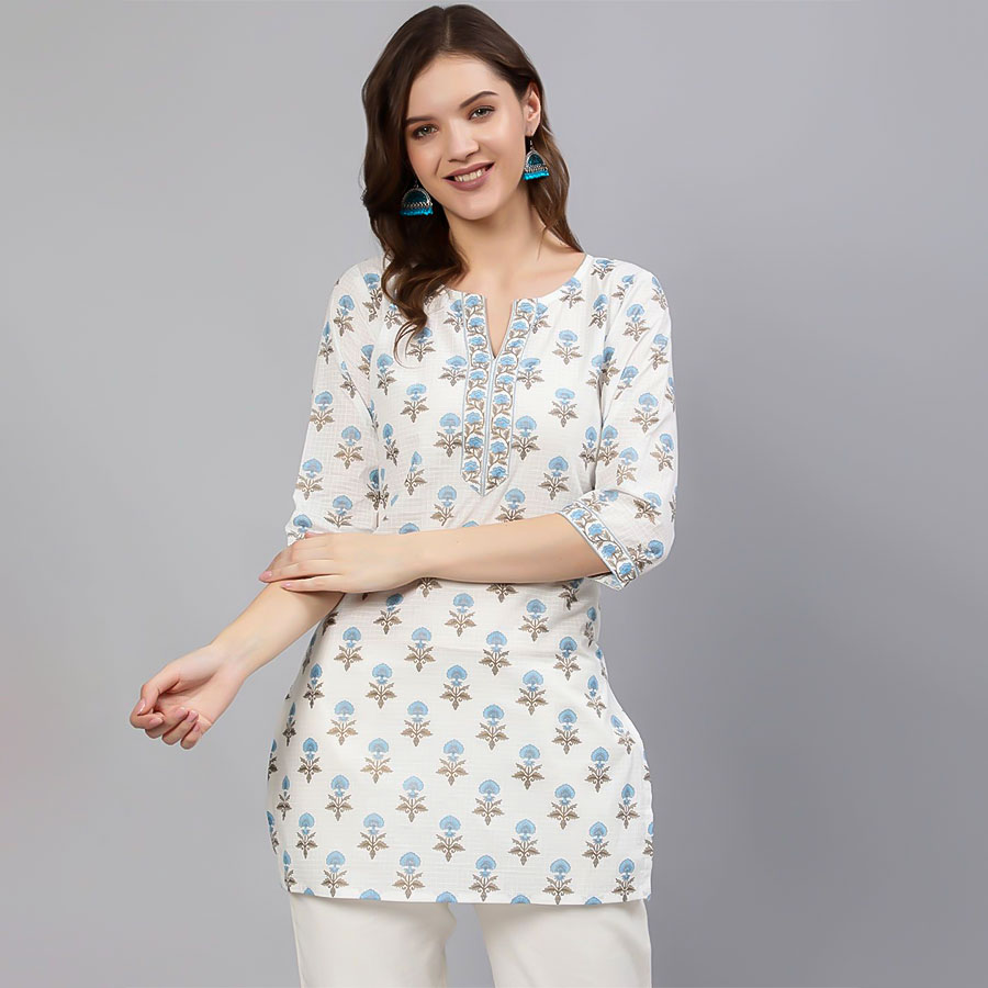 White Cotton Printed Kurti