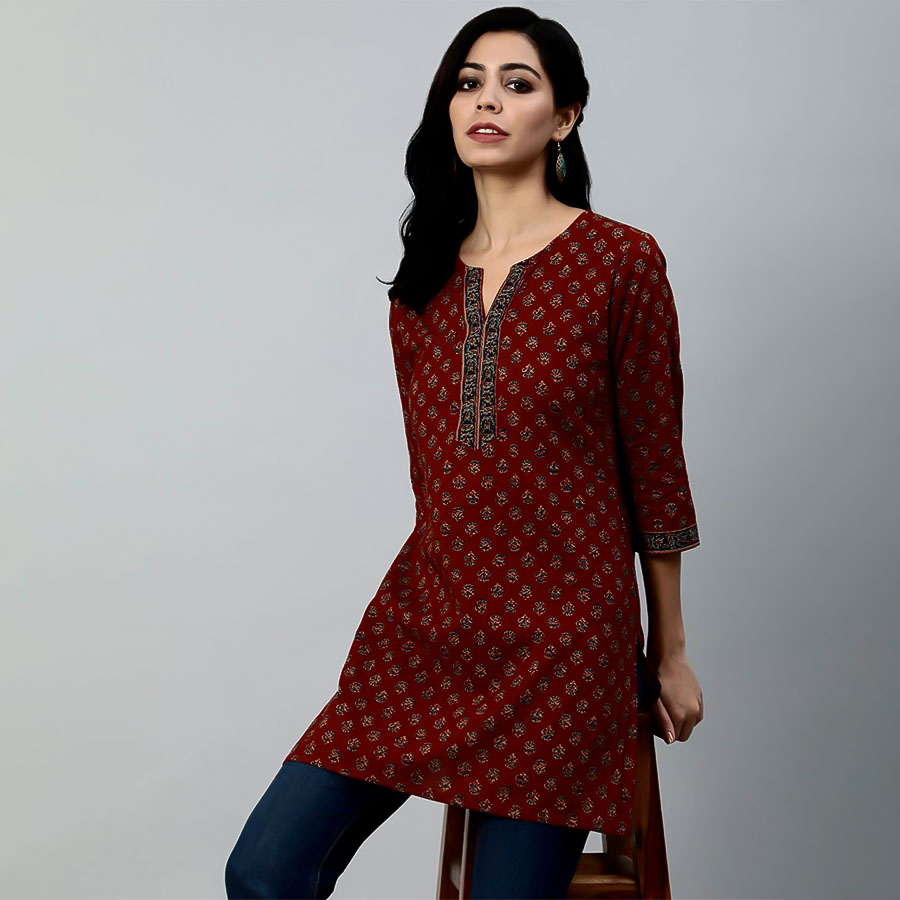 Brown Cotton Printed Kurti