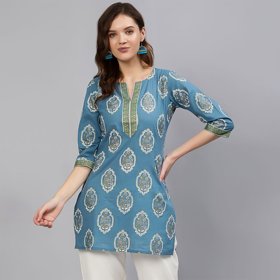 Sky Blue Cotton Printed Kurti