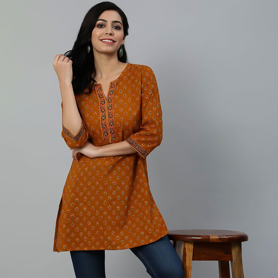 Orange Cotton Printed Kurti