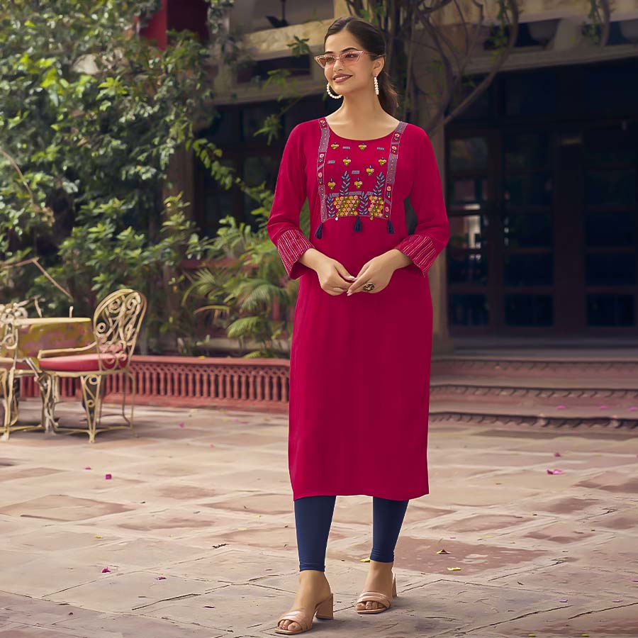 Red  Rayon Casual Wear Kurti