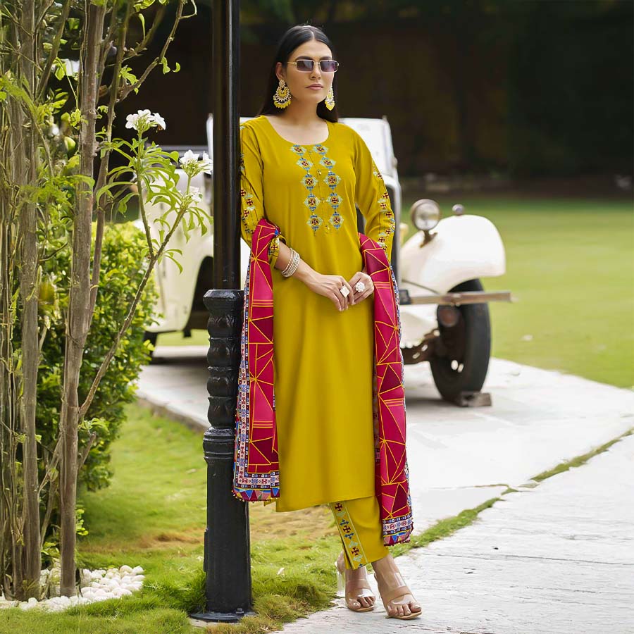 Yellow  Rayon Casual Wear Salwar Kameez