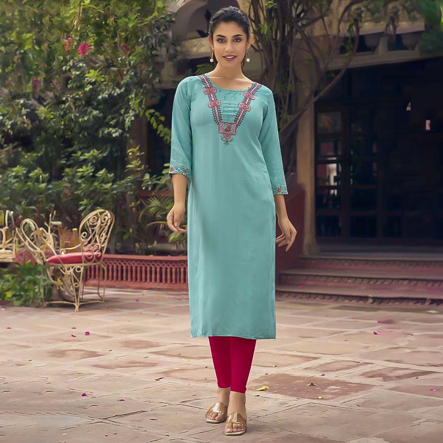 Sky Blue Rayon Casual Wear Kurti