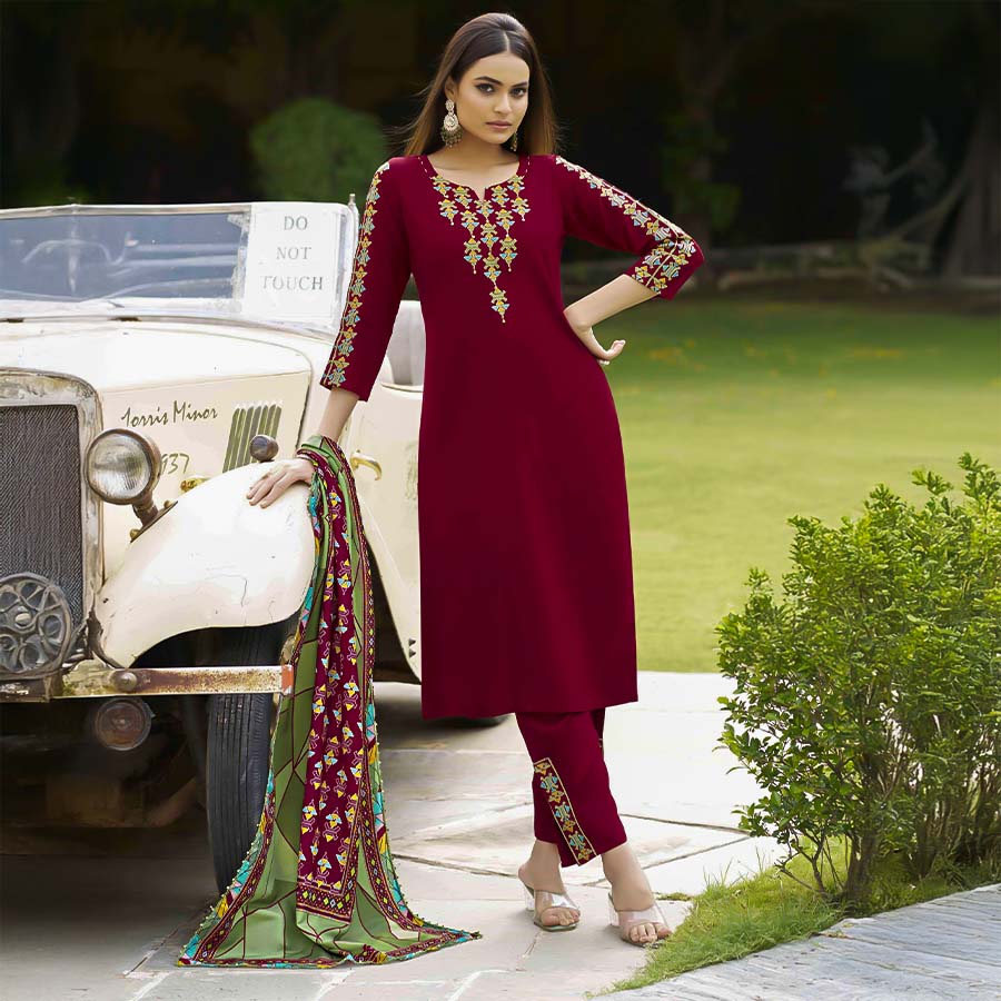 Red  Rayon Casual Wear Salwar Kameez
