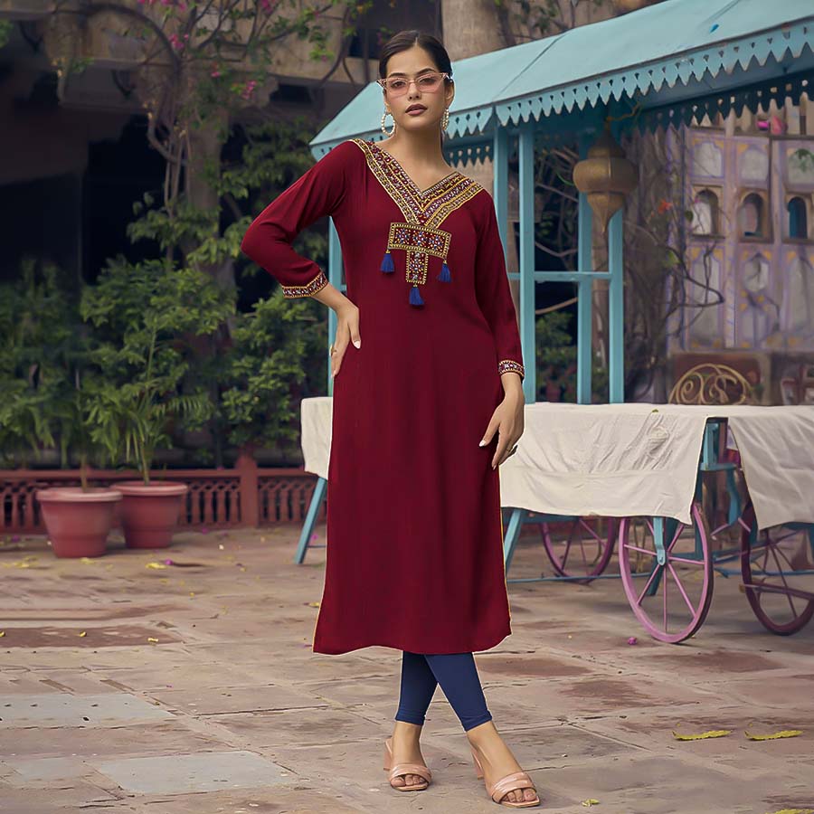 Red  Rayon Casual Wear Kurti