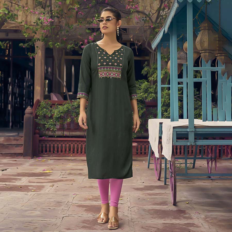 Olive Green Rayon Casual Wear Kurti