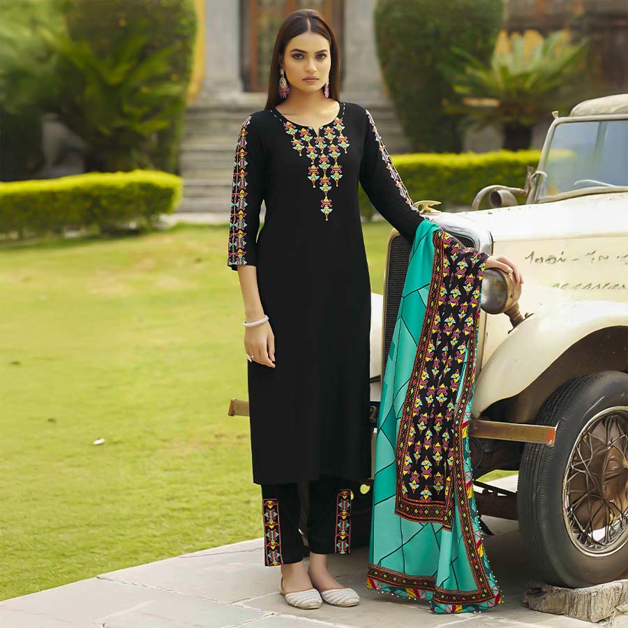 Black Rayon Casual Wear Salwar Kameez